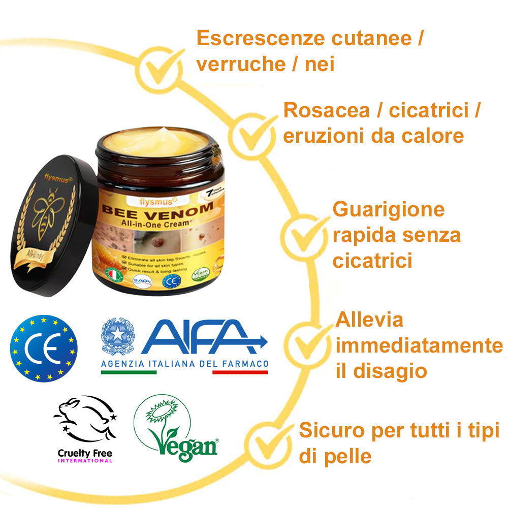 🍀flysmus® Crema al Veleno d’Ape – Testata da dermatologi. Efficace contro verruche, noduli, lesioni, infezioni e cicatrici.